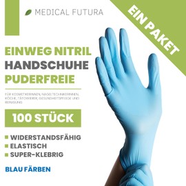 MEDICAL FUTURA - 100 Nitrile Gloves, L, Blue, Disposable Gloves, Anti-Allergic, 4.0 g, Powder-Free, Latex-Free, for Beauticians, Tattoos, Workshops, Food Processing (L, Blue)