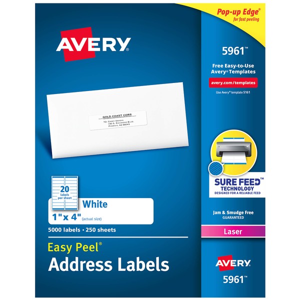Avery Address Labels with Sure Feed for Laser Printers, 1" x 4", 5,000 Labels, Permanent Adhesive (5961)