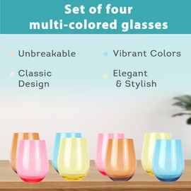Lily's Home Unbreakable Poolside Acrylic Stemless Wine Glasses and Water Tumblers, Made of Shatterproof Plastic and Ideal for Indoor and Outdoor Use, Reusable. Mixed Colors. 14 Oz. - Set of 8