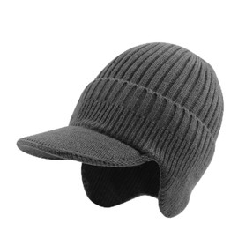 PESAAT Thick Men Knit Visor Winter Warm Adult Earflap Beanie Hat Classic Men Skull Cap (Gray)