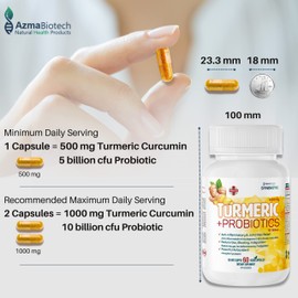 AzmaBiotech AzmaBiotech Organic Turmeric Curcumin Probiotic Supplement 1000mg, 60 Vegan Capsules, 10 Billion CFU, Joint and Digestive Support, Nutrient-Rich Superfood for Women & Men, 30-Day Supply, Made in Canada
