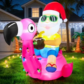 Christmas in July Hawaiian Santa Claus Riding Flamingo Inflatable Decoration 5FT Tropical Summer Beach Party Decor Blow up Outdoor Yard Garden Lawn Pool Xmas Holiday