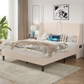 VECELO Queen Bed Frame with Upholstered Wingback Headboard, Heavy-Duty Platform Bedframe with Charging Station, Wooden Slats, No Box Spring Needed, Beige
