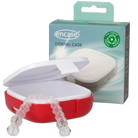 Encase Dental Retainer Case with Dental Bath – Dual Purpose Hygienic Denture Case for Storage and Immersion of Mouthguards, Ortho Retainers + Dental Appliances (Red)