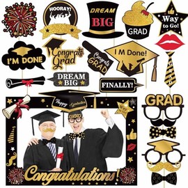 WEIKA Graduation Photo Booth Props 2025 - Pack of 21, with Large Size Graduation Photo Frame, Black Gold Graduation Photo Props, Graduation Party Decorations Class of 2025, Grad Party Picture Props