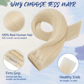 TESS Clip In Hair Extension Blonde,Hair Extensions Real Human Hair One Peice 5 Clips Straight Natural Hairpieces for Womens/Girls(#60 Platinum Blonde,24Inch)