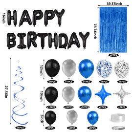 92 PCS Black and Silver Happy Birthday Decorations Balloons Fringe Curtains Vortex for Boys Men Girls Women 16th 18th 20th 21st 25th 30th 40th 50th 60th Birthday Party Decorations