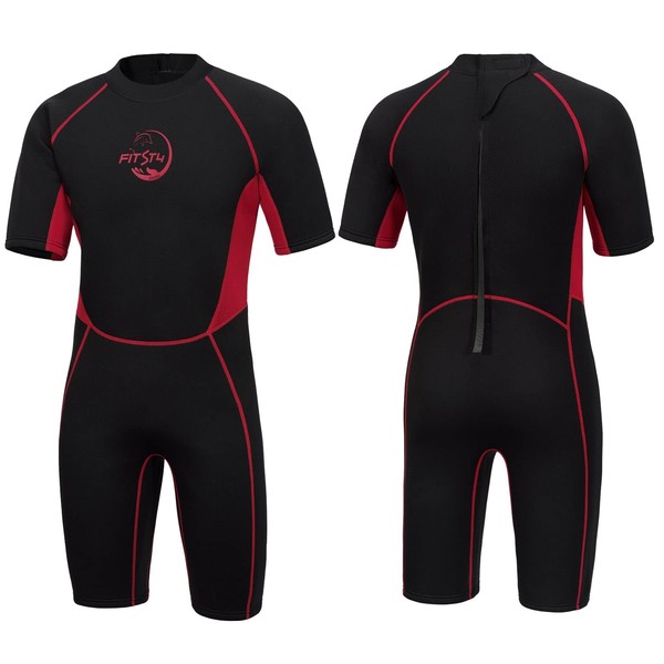 FitsT4 Kids Shorty Wetsuit 2.5mm Neoprene Thermal Swimsuit Keep Warm Girls Toddlers Boys Back Zipper for Diving Snorkeling Surfing Swimming Lessions Red XL