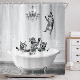 Riyidecor Cute Funny Cat Shower Curtain for Bathroom Decor 72Wx72H Animal Fun Lovely Bubble Kitten Kids Vintage Gray Grey Art Printed Fabric Polyester Waterproof 12 Pack Plastic Hooks