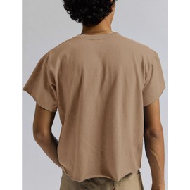 Orchidays Men's Boxy Raw Cut T Shirts Short Sleeve Round Neck Tee Casual Basic Tops (Khaki,Large)