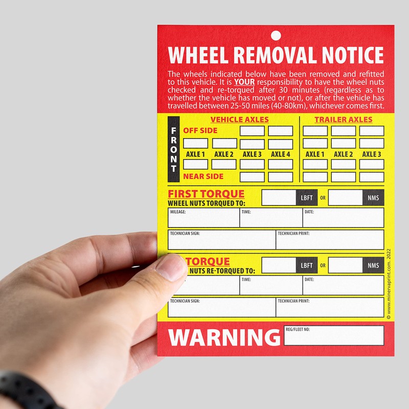 Wheel Change Notice Tag Card Re-Torque Warning - 50 Cards