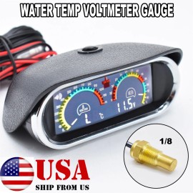 XUKEY Car Water Temp Temperature Gauge 2 In 1 LCD Digital Voltmeter Alarm W/Sensor1/8