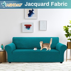 Asnomy Couch Covers for 3 Cushion Couch Stretch Sofa Covers Slipcovers, Pet Protector Furniture Covers for Dogs Cats Spandex Jacquard Fabric Small Checks （Large，Peacock Blue）