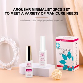 Arousar Gel Nail Glue, 2pcs Builder Nail Gel and Top Coat Kit, Base Coat No-wipe Top Gel Super Shiny Stain Resistant 8-in-1 Nail Strengthener Base Gel False Nail Tips Glue Gel