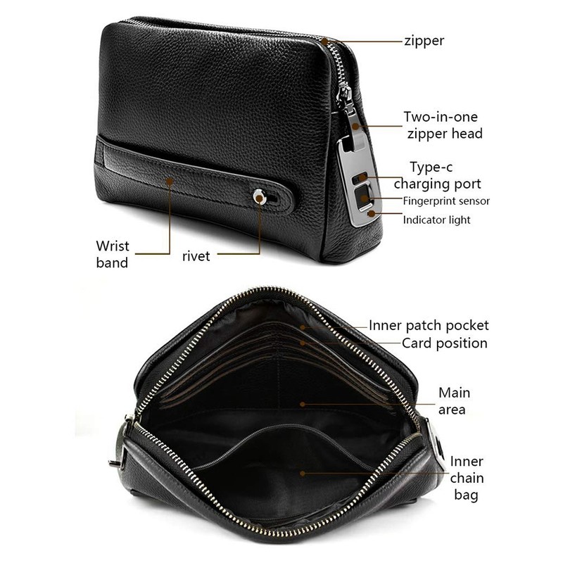 Fipilock FL-V1 Men Zipper Leather Wallet Smart Fingerprint Security Anti