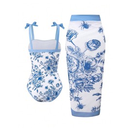 SHENHE Girl's Floral One Piece Swimsuit with Cover Up Sarong Wrap Tie Bow Cute Bathing Suits Blue and White 12Y
