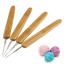 FERCAISH 4 Pieces Dreadlocks Crochet Hook with Bamboo Handles, Stainless Steel Dreadlock Needle Set, Bamboo Weaving Crochet, Lock Crochet Dreadlocks Tool for Braiding Crafts (0.5 mm + 0.75 mm)