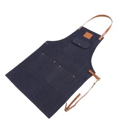 Syrisora ​​Denim Bib Apron with Leather Strap for Baker, Bartender BBQ Chef Work Chef Uniform, Denim Blue + Blank Logo, #-01