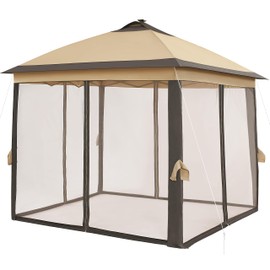 Topeakmart Outdoor Pop Up Gazebo Canopy with Mesh Netting/Solar LED Lights, Gazebo Shade for Patio Outdoor Garden Events-Khaki&Brown, 11x11Ft