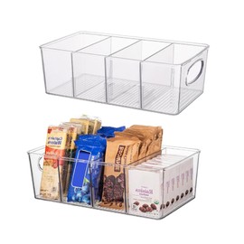 2 Pack Clear Plastic Fridge Organisers with Dividers - Stackable Cupboard Organiser Bins for Kitchen, Pantry & Refrigerator Storage - Food Storage Containers with Removable Sections(Color:2 Pcs)