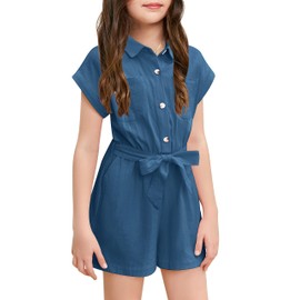 Haloumoning Cute Jumpsuit for Girls Summer Children's Jumpsuit Button Down with Belt Kids Short Romper with Pockets, blue