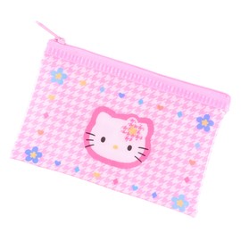 Kitty 50th Anniversary Zipper Bag - 4.72x2.95 in Cute Vinyl Card Wallet & Organizer, Kawaii Flat Pouch, Clear Zipper Pouch, Storage Bag (Pink Plaid Kitty)
