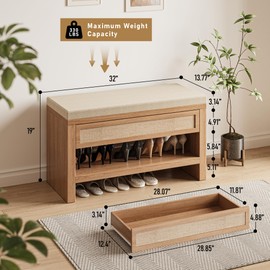 astimey 32” Shoe Bench with Storage Drawer, Farmhouse Entryway Bench with Linen Seat Cushion, Wooden Shoe Rack with Shelf for Entryway Hallway Living Room Bedroom, Oak