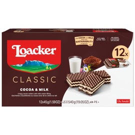 Loacker Classic Cocoa & Milk Wafers - Premium Crispy Cocoa Wafer Cookies with Milk Cream Filling - Multipack of 12 Snack Packs - NON-GMO - 45g/1.59oz, Pack of 12