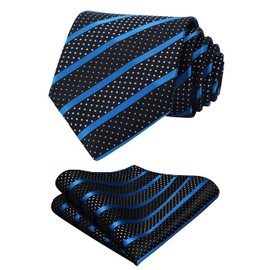 HISDERN Extra Long Striped Tie Handkerchief Men's Necktie & Pocket Square Set (Blue & Black)