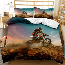 3D Motorcycle Duvet Cover Motocross Bedding Set Motorcycle Racing Duvet Cover with Pillow Case for Teenage Extreme Sports (135×200cm, Red)