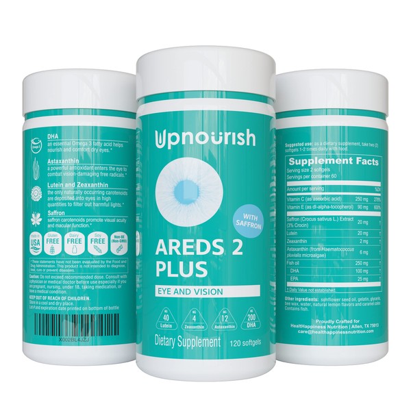 UpNourish AREDS 2+ - Advanced Eye Vitamin Supplement for Macular Health and Dry Eye - Lutein, Zeaxanthin, Saffron, Astaxanthin & DHA - Supports Eye Strain, Pressure, Night Vision - 120 softgels