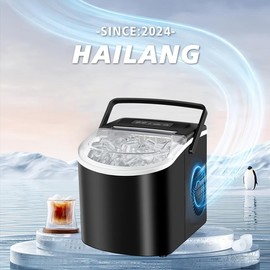 HAILANG Countertop Ice Machine with Handle, 26 Pounds of Ice Making in 24 Hours, 9 Pieces of Ice Making in 7 Minutes, Self-Cleaning Portable Ice Machine with Basket and Spoon, suitable for Home/Kitchen/Camping/RV (Black) Christmas Gift) - Colour: black