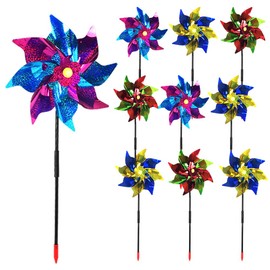 10 Pack Garden Pinwheels with Plastic Stakes | 20 inch Sparkle Pin Wheel Set to Scare Off Birds and Animals Away | Great Pinwheels for Yard and Garden