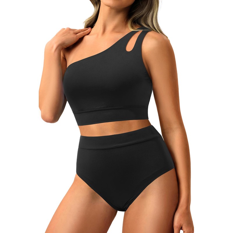 Two Piece High Waisted Swimsuits for Women - One Shoulder