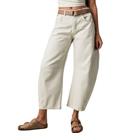 Womens Stretchy Mid Rise Barrel Jeans Vintage Loose Wide Leg Cropped Denim Pants Y2k Baggy Boyfriend Jeans (X-Small,Ivory)