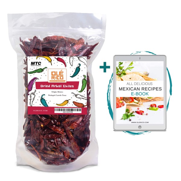 Chile de Arbol Dried Peppers 8oz - Dried Whole Red Chili Peppers, Premium All Natural, Resealable Kraft Bag. Use in Mexican, Chinese and Thai Dishes By Ole Rico