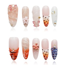 Tesytto Beach Almond Press on Nails - 10pcs Long French Tip with 3D Pearl Butterfly Flower Charms, Handmade Stick On Nails for Summer & Vacation Nail Art (Tropical Flair,M)