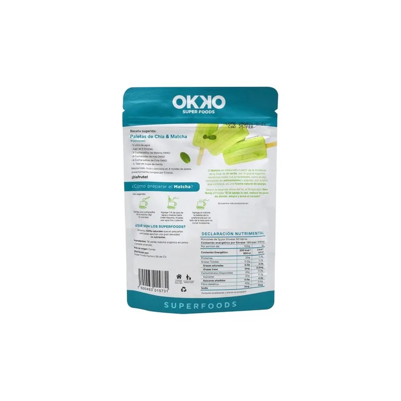 Té Verde Orgánico En Polvo Matcha 60g Okko