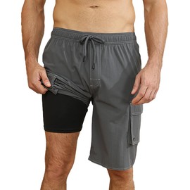 Kqwfsiu Mens Swim Trunks Swim Shorts for Men Quick Dry with Compression Liner Pocket Beach Board Bathing Suits Grey 3X-Large