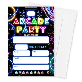 Yijiaqin Arcade Birthday Invitation - Arcade Party - 20 Neon Glow Invites With Envelopes For Boys,Girls, Kids, Teens Birthday Party Favors And Supplies - A11