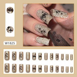 LOPMNGHT Square Press on Nails Medium Length Gold Powder False Nails with Black Stars Letter Design Acrylic Nails Full Cover Golden Fake Nails Artificial Coffin Nails Reusable Stick on Nails for Women