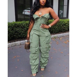 Tbahhir Women's Sexy Strapless Cargo Denim Jumpsuit with Multi Pockets Loose Baggy Wide Leg Jeans Romper