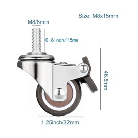 Zalslei M8 Caster Screw-type Free-To-Go Caster with Brake, Wheel Diameter 1.25 inches (32 mm) (1.25 inch), Load Capacity: 132.0 lbs (64 kg), 360 Degree Rotation, Silent, Set of 4, Screw-in Casters