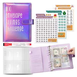 LXWHYP 100 Envelopes Money Saving Challenge Binder with 100 Cash Envelopes,100 Day budget binder with 25 6-hole A5 money envelopes for cash, Challenge to Save $5050 Money Saving Envelopes- Purple