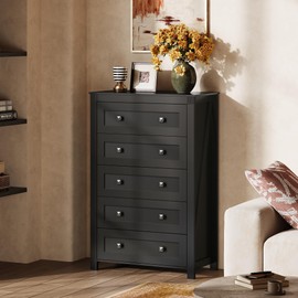 WLIVE Farmhouse 5 Drawer Dresser for Bedroom, Wood Dresser Storage Organizer, Tall Black Dresser with Double Rustic Handle, Chest of Drawers for Living Room, Hallway, Closet