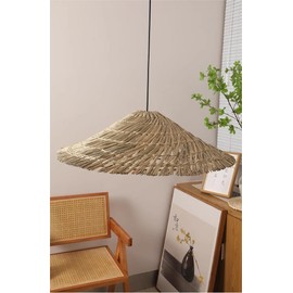 LIGHTLAND Rustic Style Conical Shade Pendant Light Restaurant Straw Rattan Chandelier, Rattan Straw Hat Light Fixture 15.7 Inch