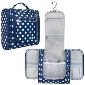 PAVILIA Hanging Toiletry Bag for Men and Women Cosmetic Makeup Organizer Kit, Navy with polka dots