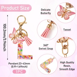 Cheriswelry Resin Letter L Key Chain Pink Alphabet Design Keychain Pendant with Butterfly Tassel Alloy Rings for Key Wallet Handbags Pendant Accessories