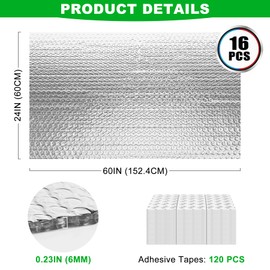 16P Garage Door Insulation Panels Kit 0.24' Thick Double Bubble Reflective Aluminum Foil Sheet Thermal Insulation Shield 120 Tapes Winter Clod and Summer Heat for Attic, Garage, Wall (24" x 60")