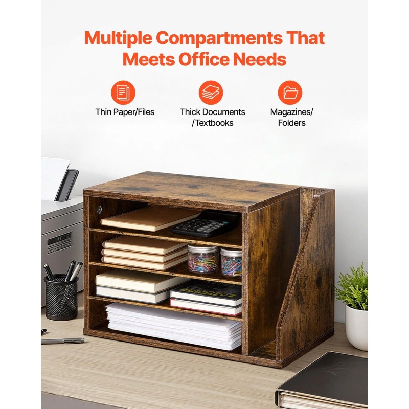 4-Compartment Wooden Mailbox Sorter Office Literature Organizer with Detachable Side